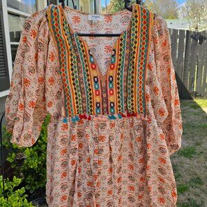 Umgee Boho Tunic Peasant Dress or Top Size M Multicolor with tassels